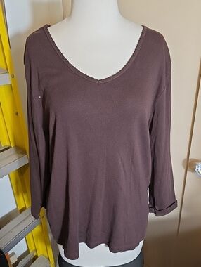 Brown Ribbed V-Neck Long Sleeve Top
